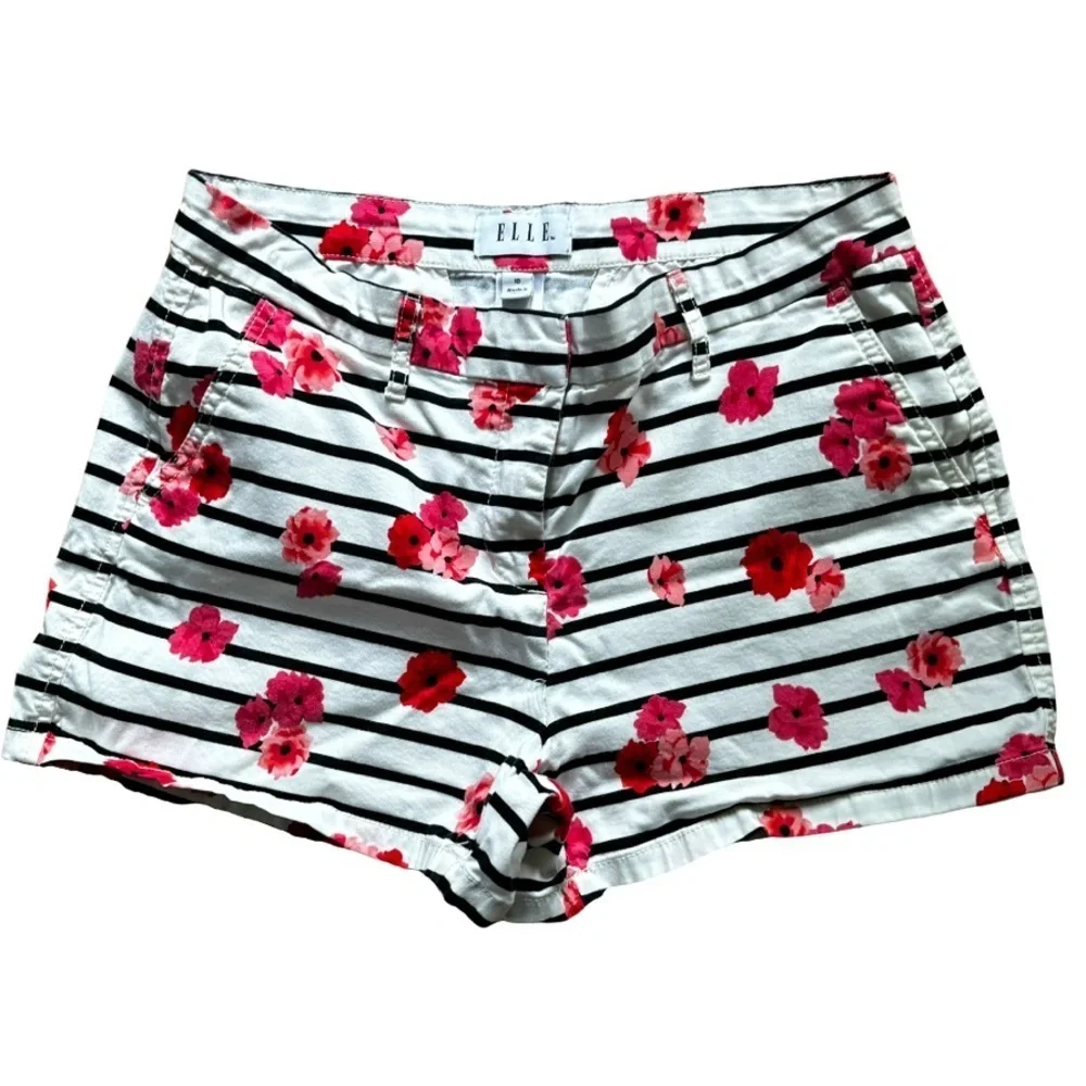 ELLE Floral High Waisted Shorts Women’s Sz 10 Stripes Coastal